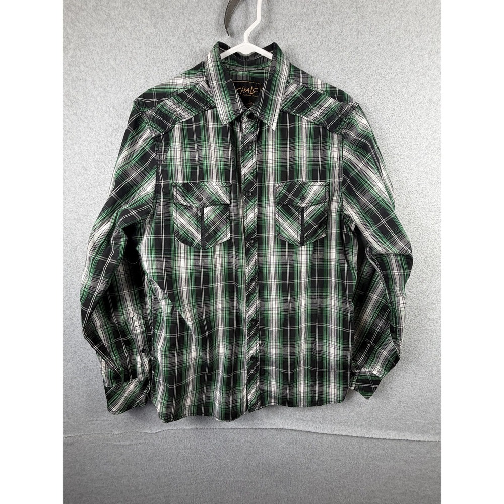 Chale Shirt Mens Large Black Green Plaid Western Button Up Long Sleeve Casual